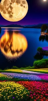 Moonlit lake with colorful flowers and night sky reflection.