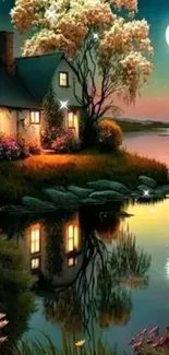 Moonlit lake house with reflections at night.