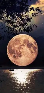 Full moon over a tranquil lake with starry sky.