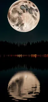 Full moon reflecting on a tranquil night lake.