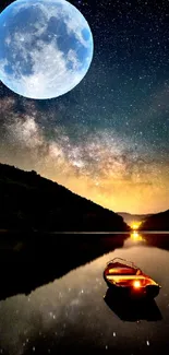 Boat on moonlit lake with stunning night sky.