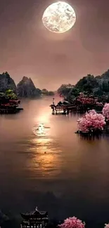 Moonlit landscape with lake and cherry blossoms in a serene natural setting.