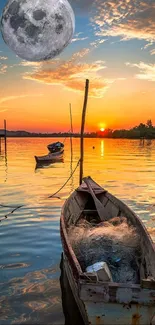 Mobile wallpaper with a lake sunset, boats, and a full moon.