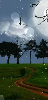 A moonlit landscape with trees and birds, featuring a glowing full moon.