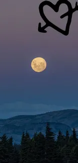 Wallpaper with a full moon over mountains and a heart design in the sky.