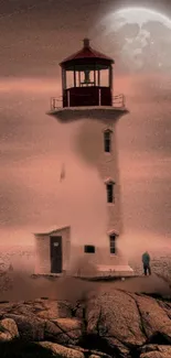 A lighthouse under a moonlit sky with fog, creating a dreamy atmosphere.