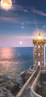 Moonlit lighthouse by the serene ocean under a starry sky.