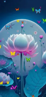 Moonlit lotus flowers with a mystical vibe in a serene night setting.