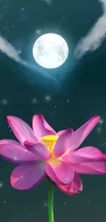 Heart-shaped cloud with moon above pink lotus flower.