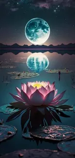 Serene lotus reflecting under a full moon with tranquil waters.