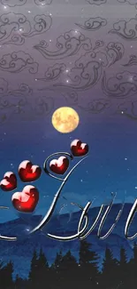 Romantic night sky wallpaper with moon and red hearts.