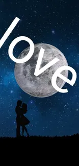 Romantic wallpaper featuring couple under a full moon with stars and love text.