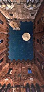 Night sky over medieval courtyard with full moon.