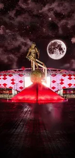 Night sky with monument and full moon.