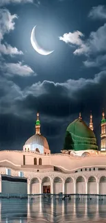 Moonlit mosque with crescent moon and cloudy night sky.