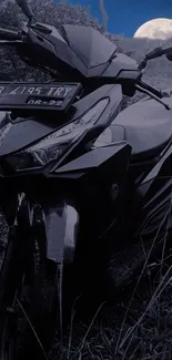 Motorcycle under a full moon in a dark forest scene.