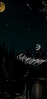 A person stargazing in moonlit mountain scenery at night.