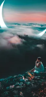 Woman sitting on a mountain with a large crescent moon in the misty sky.