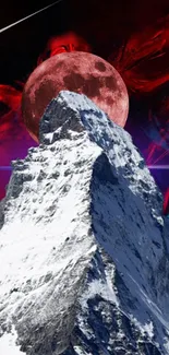 Snowy mountain with red moon and abstract background.