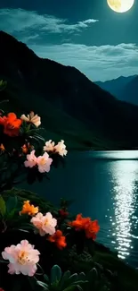 Moonlit mountains with flowers reflecting on a lake.