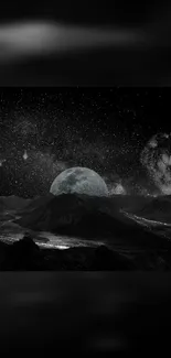 Mobile wallpaper of a moonlit mountain under a starry galaxy sky.