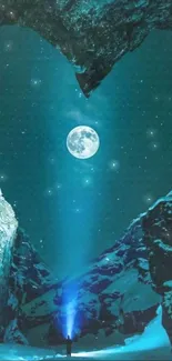 A heart-shaped mountain under a full moon with a teal night sky.