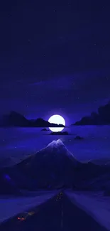 Moonlit mountain under a starry midnight blue sky.