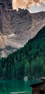 Serene mountain lake under full moon with evergreen forest.