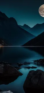 Moonlit mountain lake wallpaper with serene reflections at night.