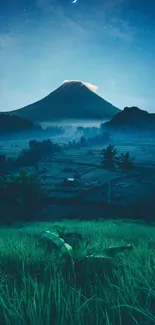 Moonlit mountain over lush green fields under a starry sky.