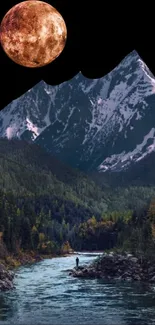 Moonlit mountain and river under a starry sky.