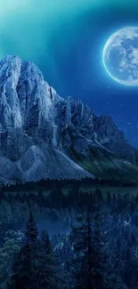 Moonlit mountain landscape with night sky and glowing moon.