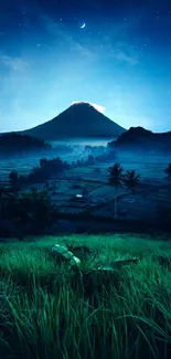 Moonlit mountain and green fields under a starlit sky.