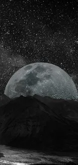 Majestic view of moon over dark mountains against a starry night sky.