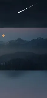 Moonlit mountain view with shooting stars and dark blue night sky.