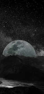 Moonlit mountain landscape under starry sky wallpaper.