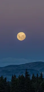 Full moon rises over a mountain landscape with trees silhouetted in the foreground.