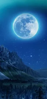 Moonlit mountain nightscape with stars and serene blue hues.