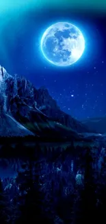 Moonlit mountain nightscape with bright full moon and stars.