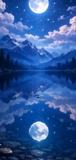 Moonlit mountains and lake reflection at night.