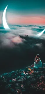 Woman sitting on mountain under crescent moon and dreamlike sky.