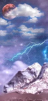 Moonlit mountain landscape with lightning under a purple sky.