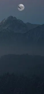 Moonlit mountain landscape with dark hues and a prominent full moon.