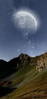 Moonlit mountain under a starlit sky wallpaper.