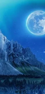 Moonlit mountain landscape with a glowing night sky.