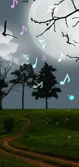 Moonlit landscape with trees and musical notes in the night sky.