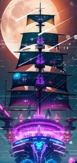 Neon pirate ship sailing under a full moon in a vibrant fantasy scene.