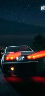 A car speeding on a moonlit night road with a clear starry sky.