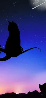 Silhouette of a cat on a branch under a starry, moonlit night sky.