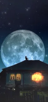 Cat sitting on a rooftop under a full moon night sky.